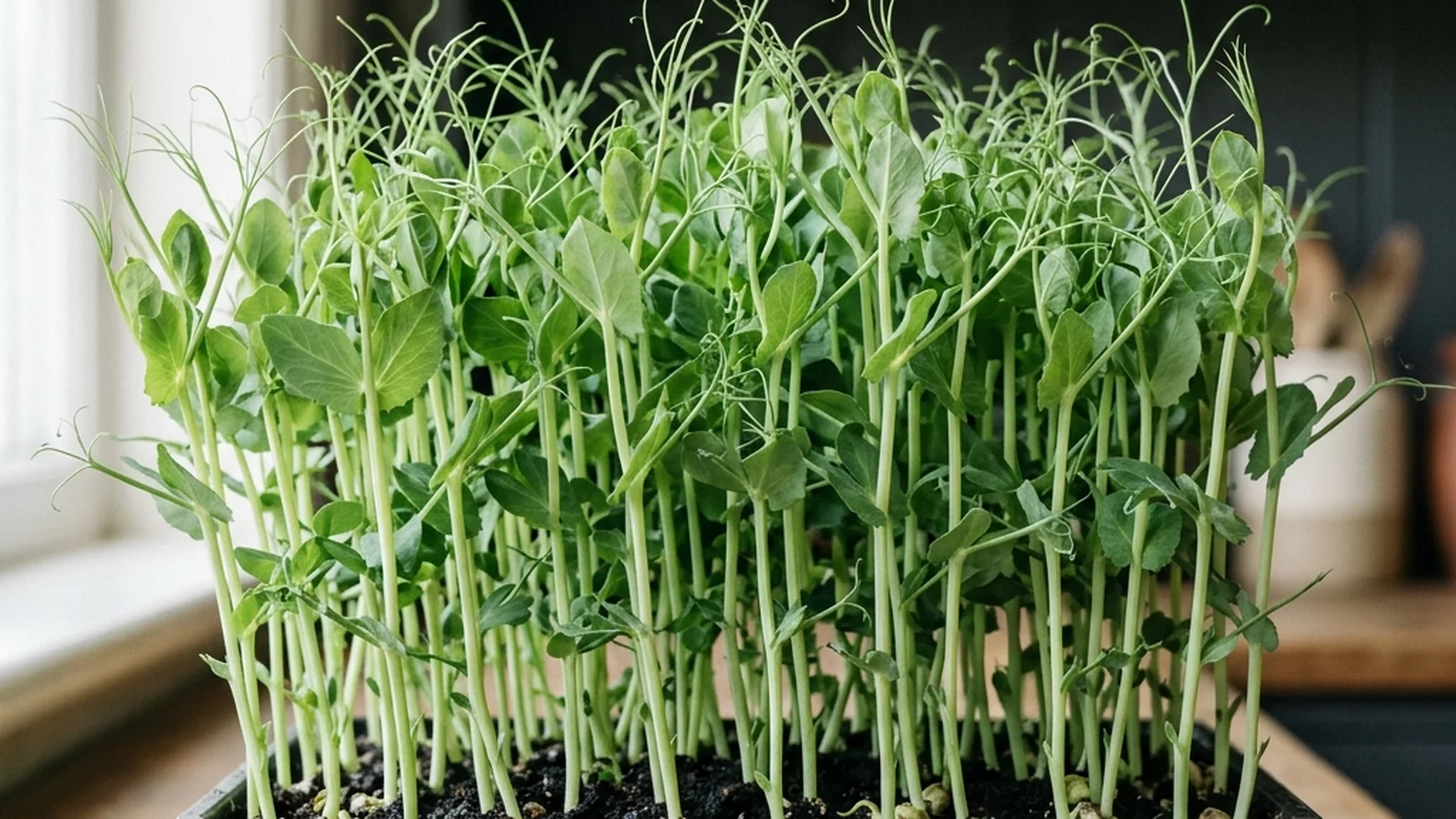 Day-by-day timeline of pea shoots from soaked seed to the harvest cut that leaves lower nodes intact for a second flush