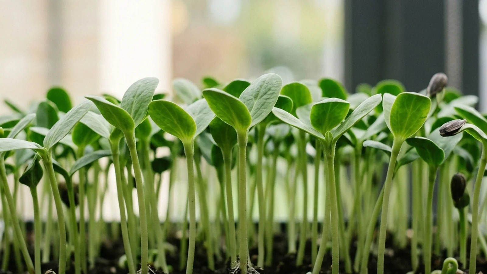 Day-by-day stages of a sunflower microgreens tray, from soaked seed through hull removal to harvest-ready shoots