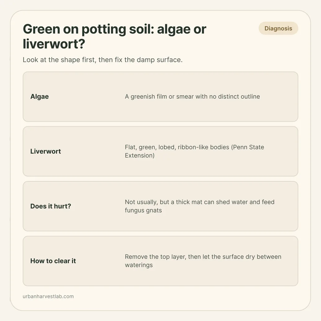 Infographic card: "Green on potting soil: algae or liverwort?" with rows for algae, liverwort, harm and clearing it