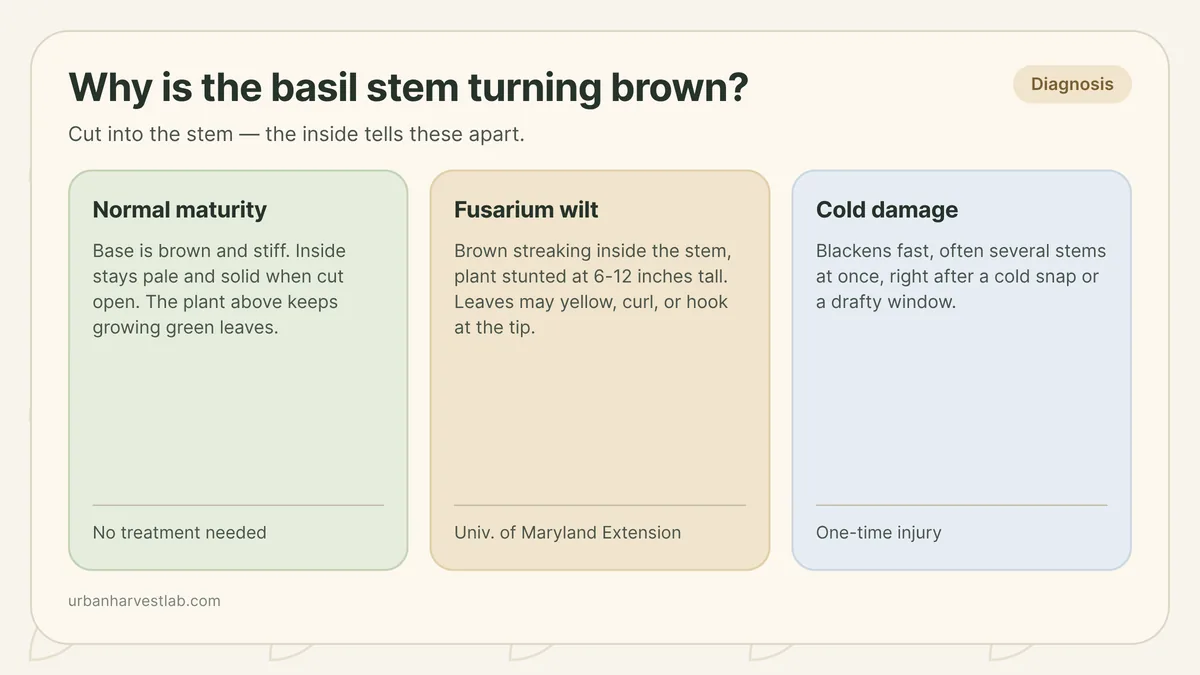 Cross-section illustration comparing a normal woody basil stem base, a stem with internal fusarium browning, and a cold-blackened basil stem