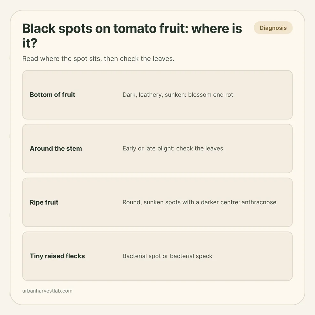 Infographic card: "Black spots on tomato fruit: where is it?" with rows for the bottom, around the stem, ripe fruit and tiny raised flecks