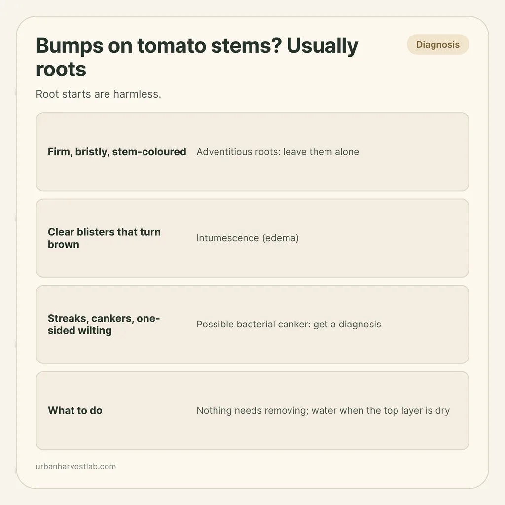 Infographic card: "Bumps on tomato stems? Usually roots" with rows for root starts, edema blisters, possible canker and what to do