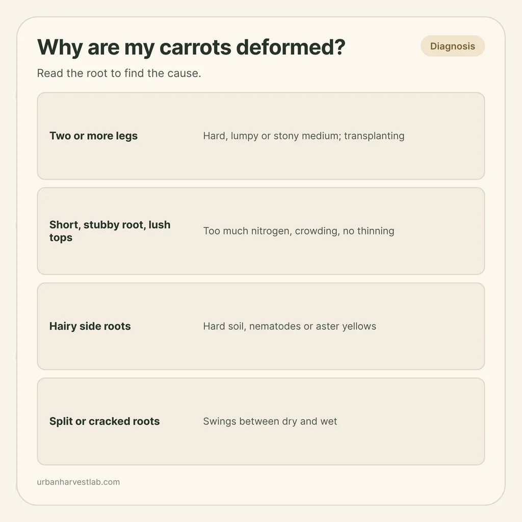 Infographic card: "Why are my carrots deformed?" with rows for forked, stubby, hairy and split roots and their causes