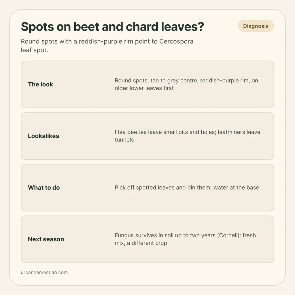 Infographic card: "Spots on beet and chard leaves?" with rows for the look, lookalikes, what to do and next season