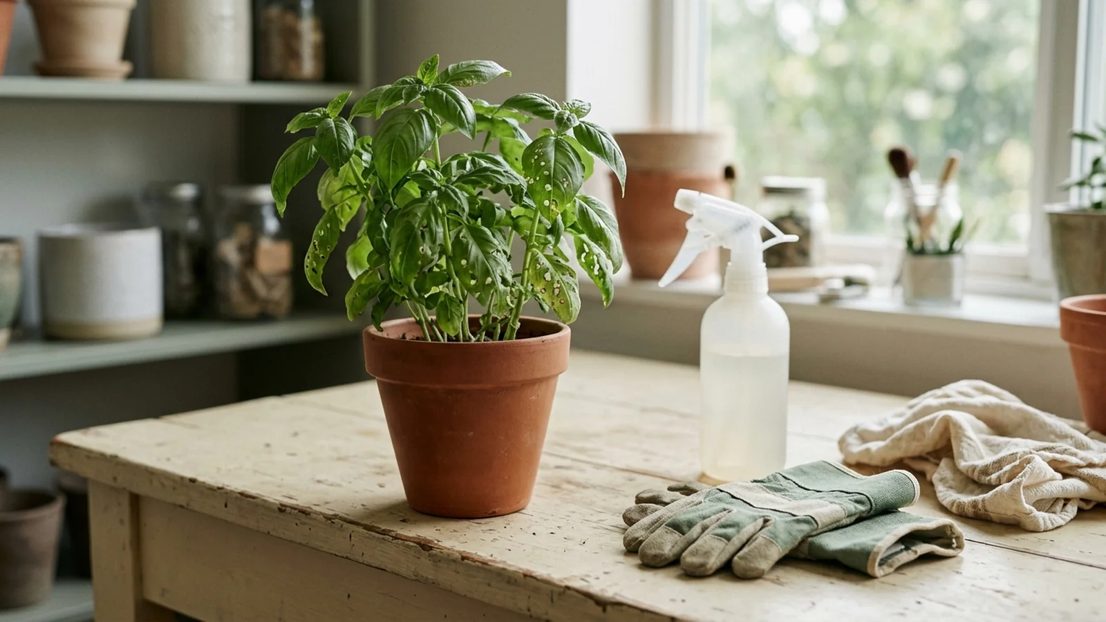 A potted basil plant with light pest damage on a work surface beside an unlabelled hand sprayer, a cloth and gloves