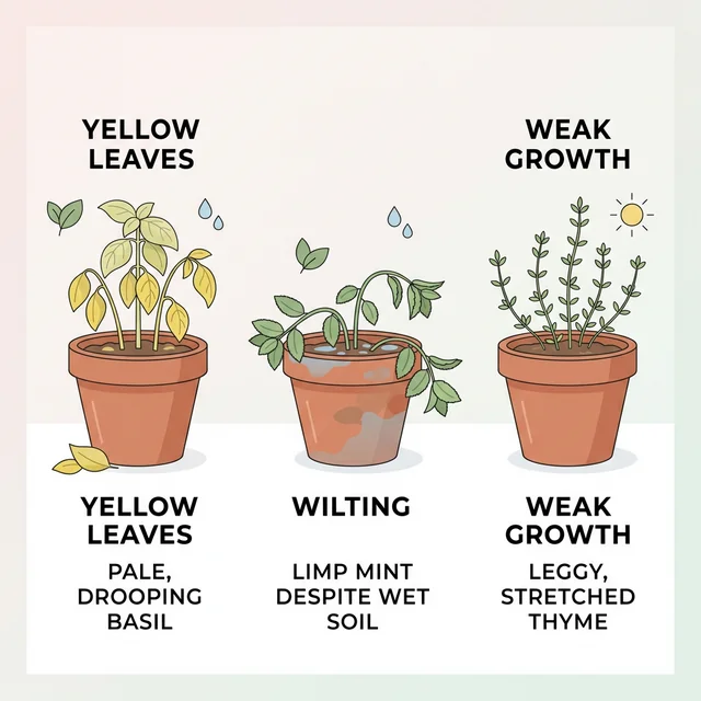 Clean UI illustration showing yellow leaves, wilting, and weak growth in potted herbs