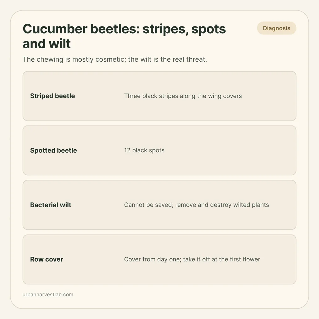 Infographic card: "Cucumber beetles: stripes, spots and wilt" with rows for striped beetle, spotted beetle, bacterial wilt and row cover