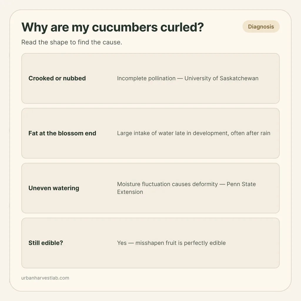 Infographic card: "Why are my cucumbers curled?" with rows for crooked or nubbed fruit, fat blossom end, uneven watering and edibility