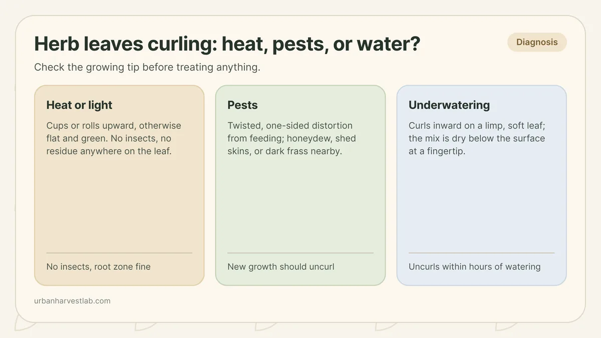 Comparison of herb leaves curling from heat stress, pest feeding, and underwatering