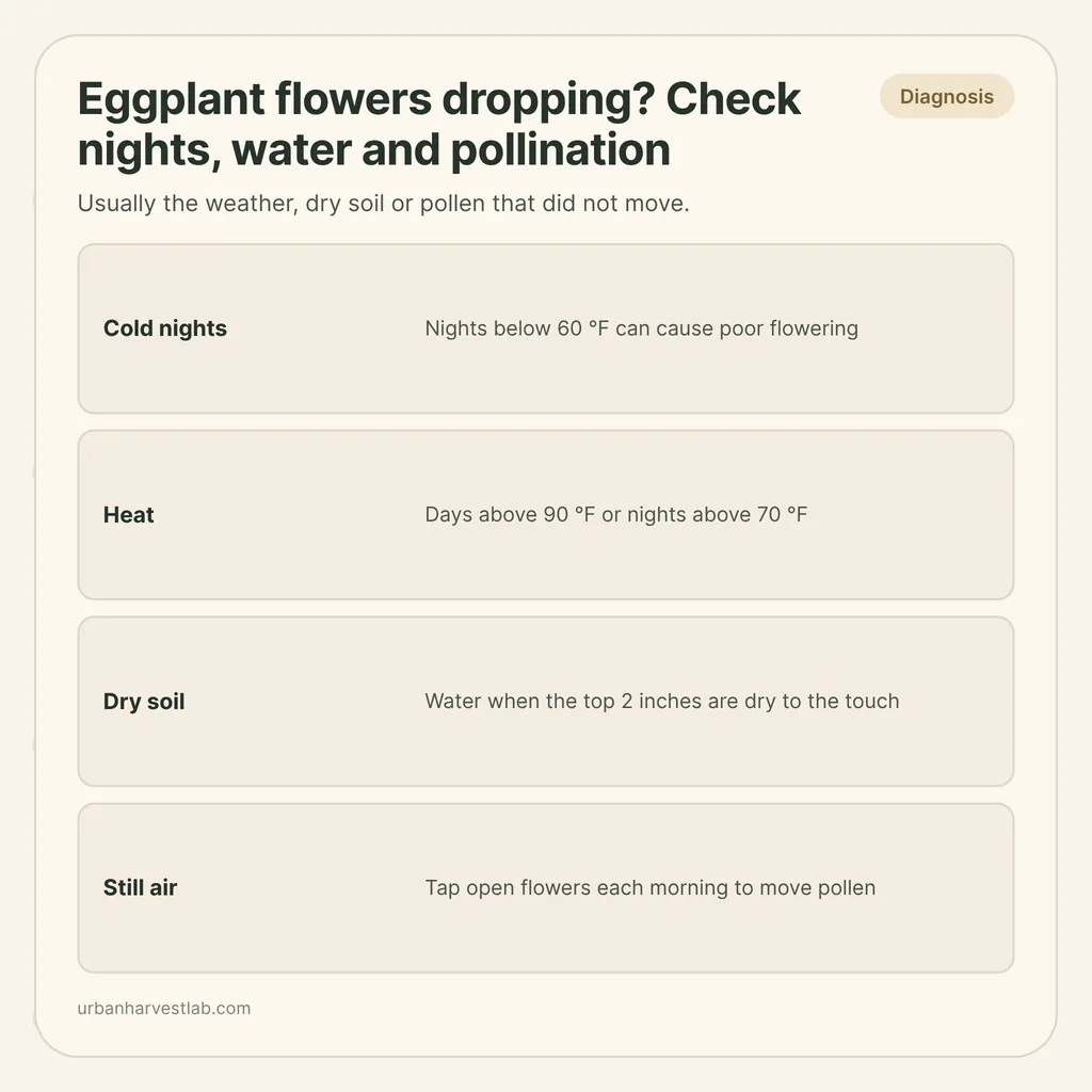 Infographic card: "Eggplant flowers dropping? Check nights, water and pollination" with rows for cold nights, heat, dry soil and still air