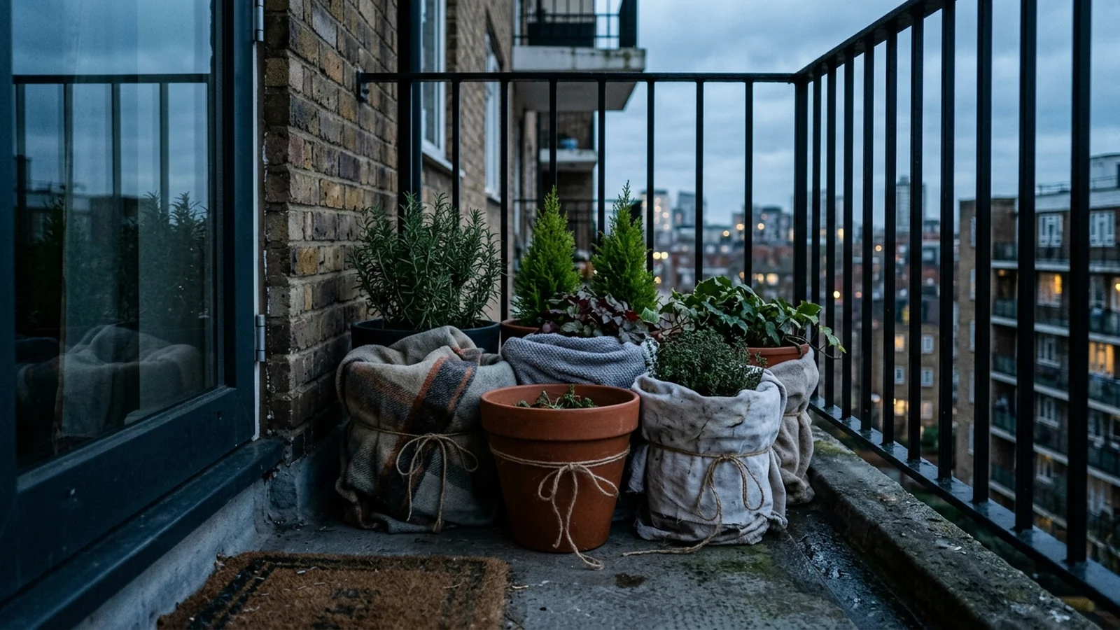 A row of potted plants clustered against an interior hallway wall while a few containers outside on a balcony are wrapped in towels and blankets