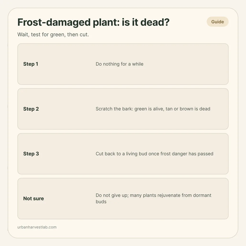 Infographic card: "Frost-damaged plant: is it dead?" with three steps (wait, scratch test, cut back) and a note not to give up