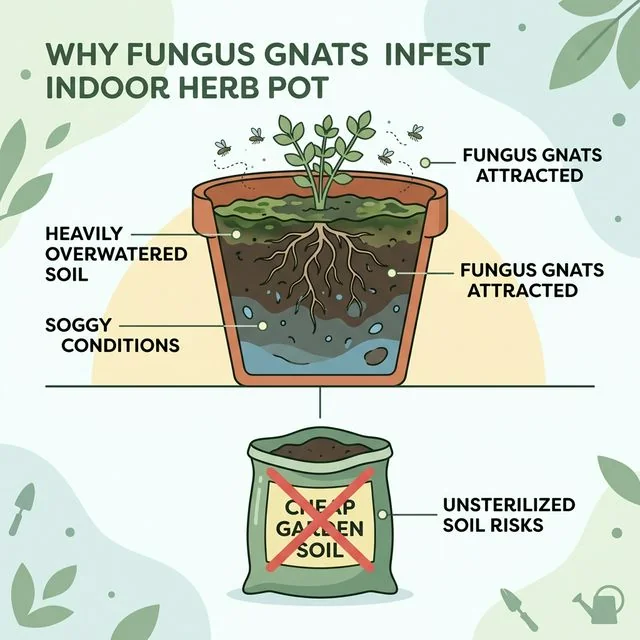 Clean UI illustration showing a cross-section of soggy, overwatered soil infested with flying fungus gnats above and larvae below