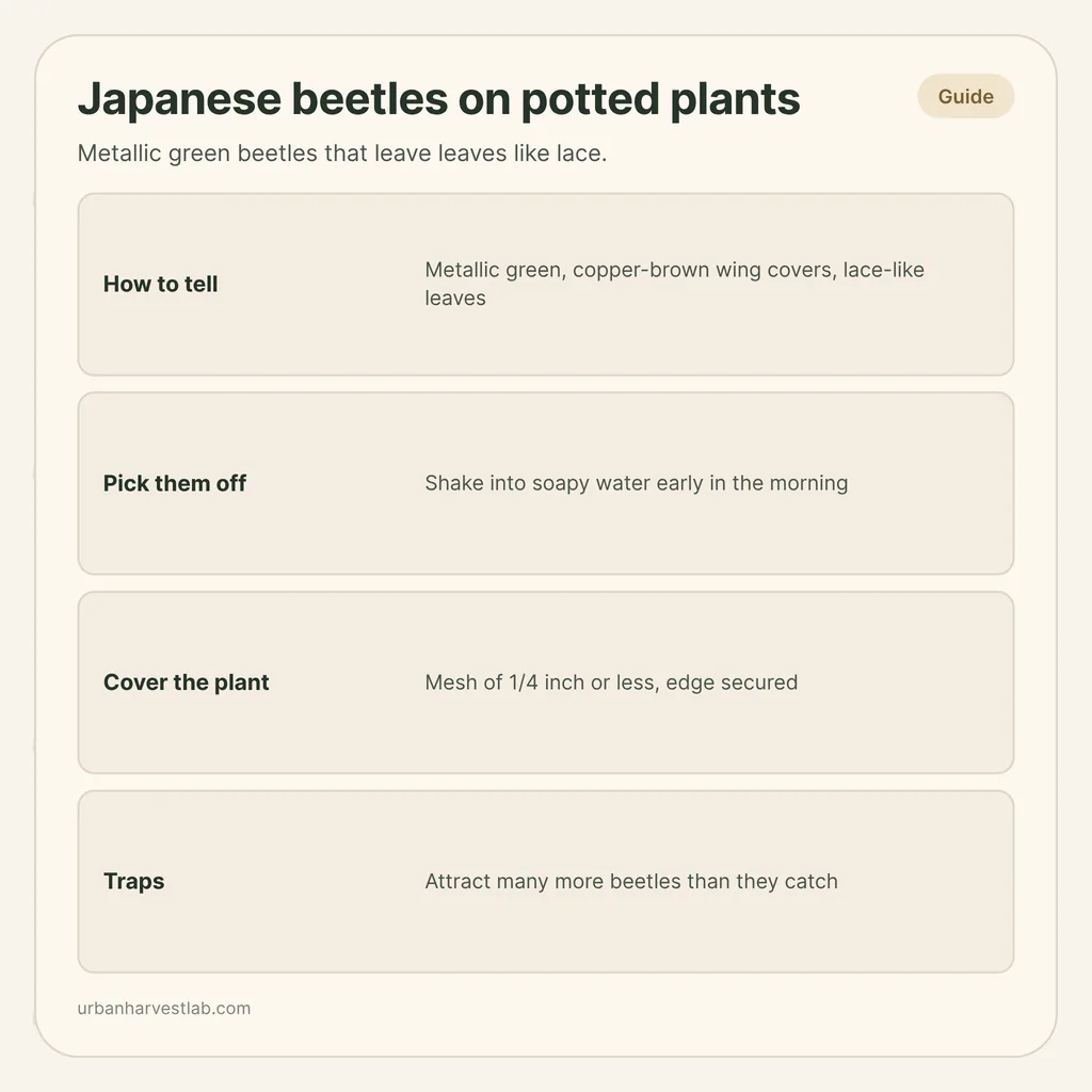 Infographic card: "Japanese beetles on potted plants" with rows for how to tell, picking them off, covering the plant and traps