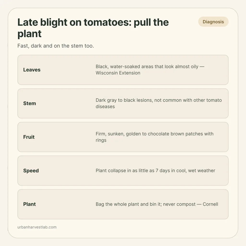 Infographic card: "Late blight on tomatoes: pull the plant" with rows for leaves, stem, fruit, speed and what to do with the plant