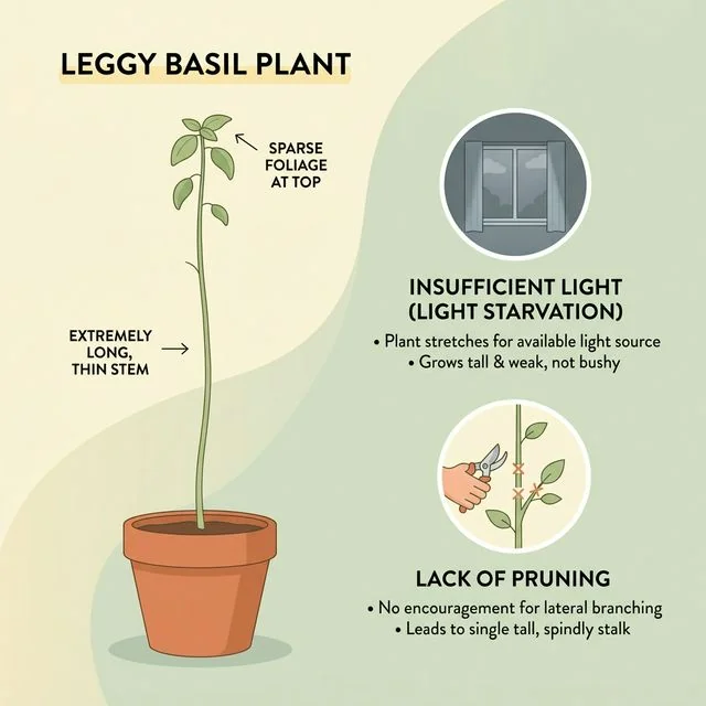 Clean UI illustration showing a tall, flimsy, leggy basil plant next to icons diagnosing light starvation and a lack of proper pruning