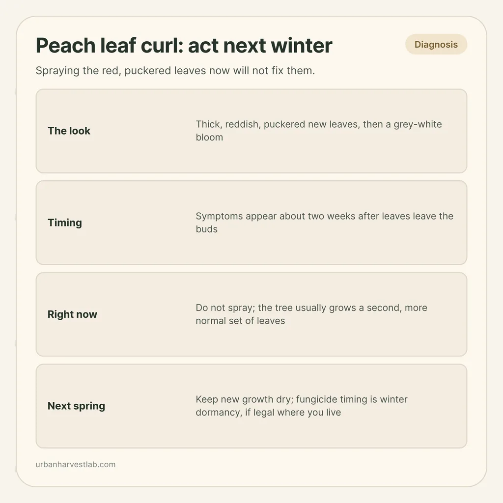 Infographic card: "Peach leaf curl: act next winter" with rows for the look, timing, right now and next spring
