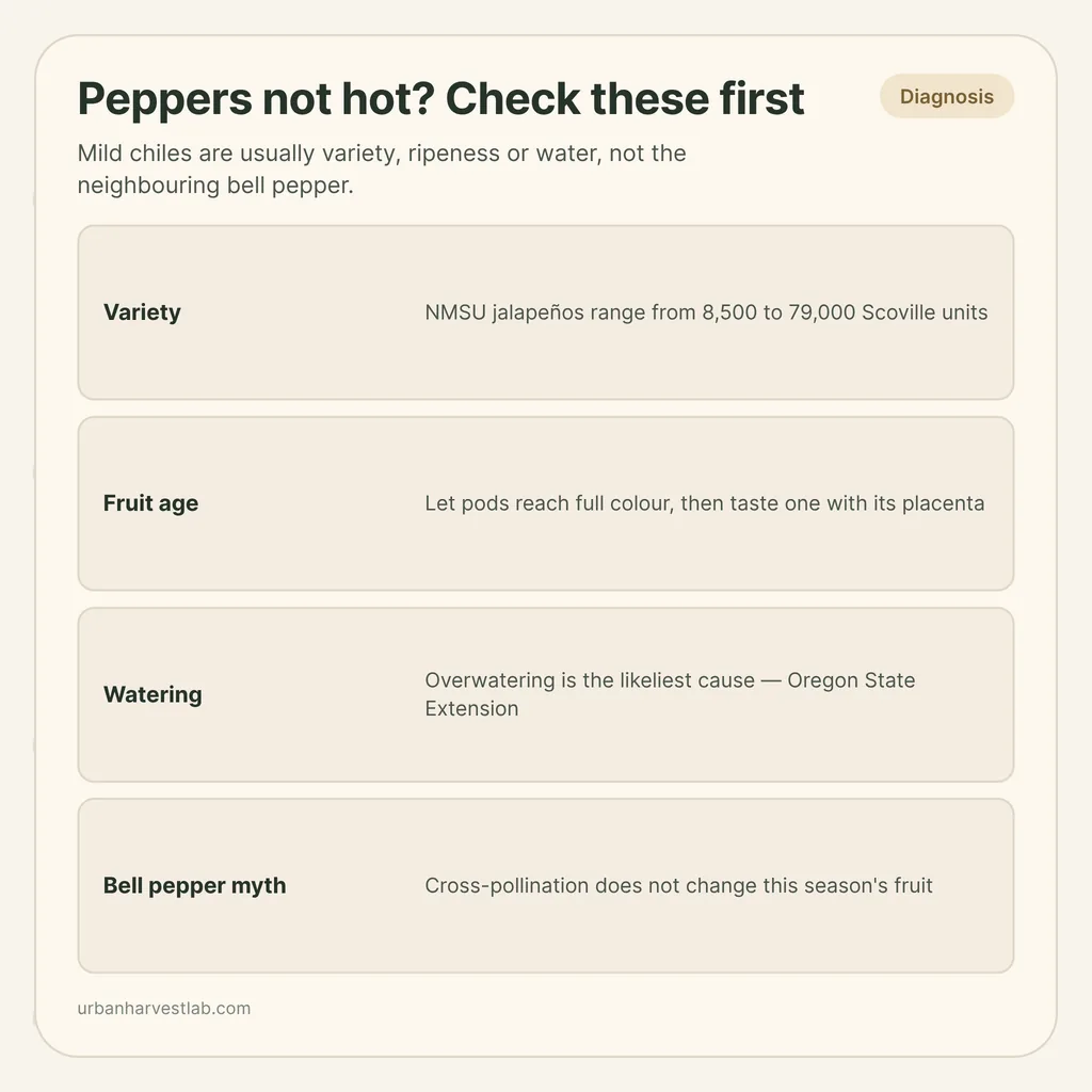 Infographic card: "Peppers not hot? Check these first" with rows for variety, fruit age, watering and the bell pepper myth