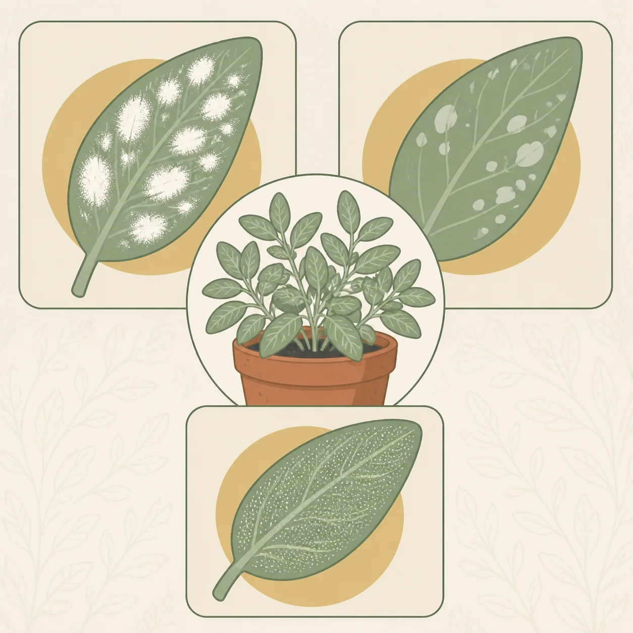 Powdery mildew patches on container-grown herb leaves