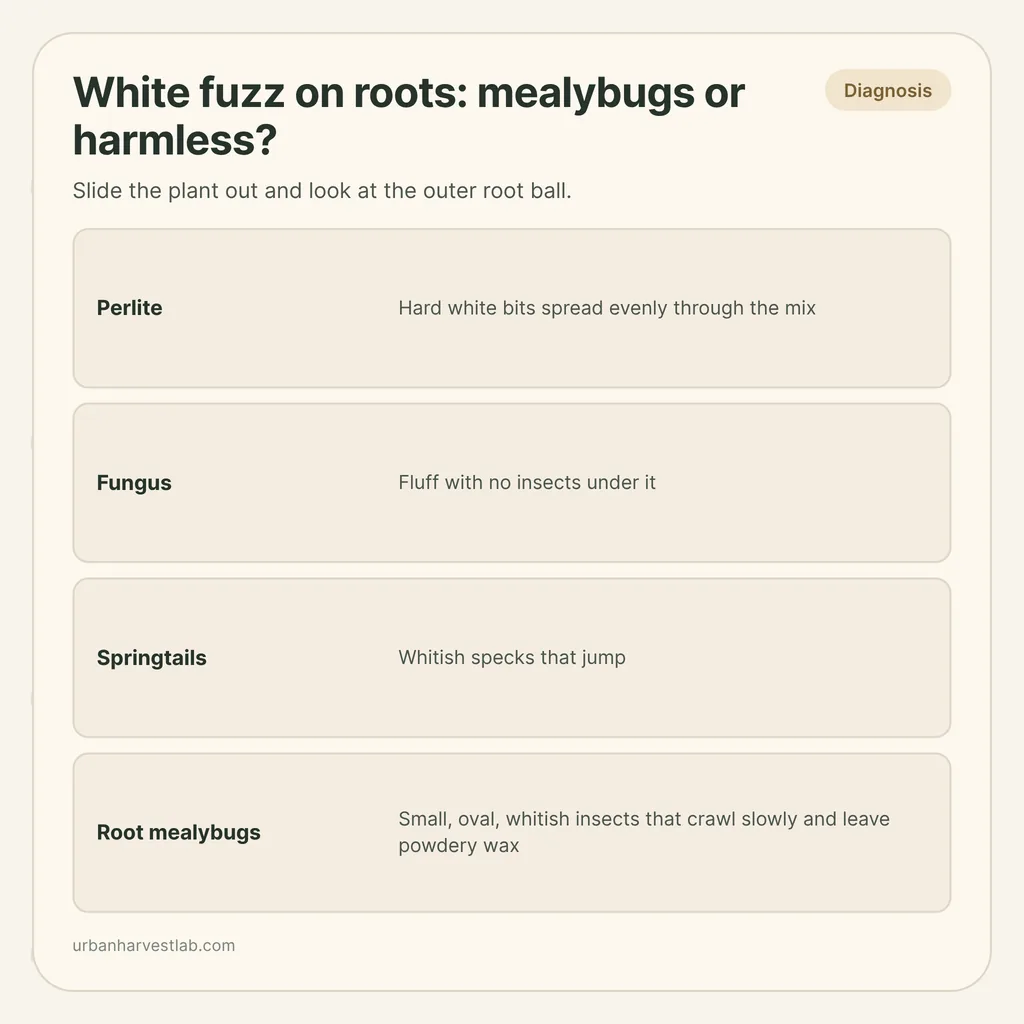 Infographic card: "White fuzz on roots: mealybugs or harmless?" with rows for perlite, fungus, springtails and root mealybugs