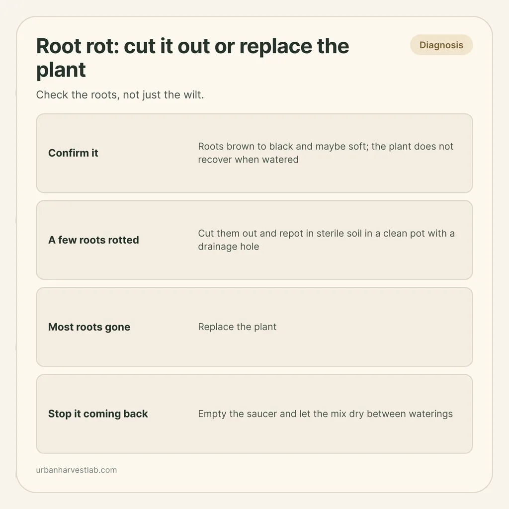 Infographic card: "Root rot: cut it out or replace the plant" with rows for confirming, a few rotted roots, most roots gone and prevention