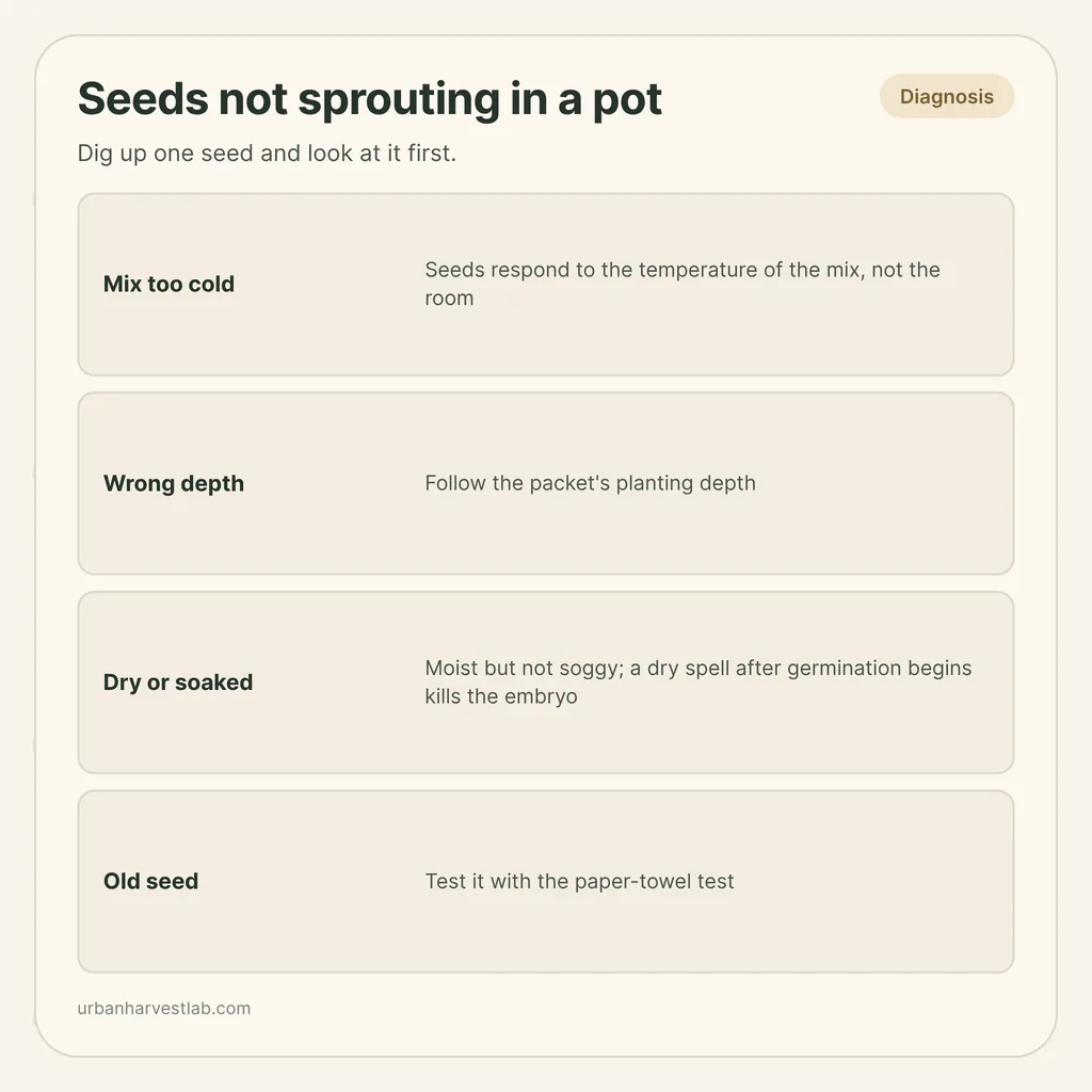 Infographic card: "Seeds not sprouting in a pot" with four checks for mix temperature, depth, moisture and seed age