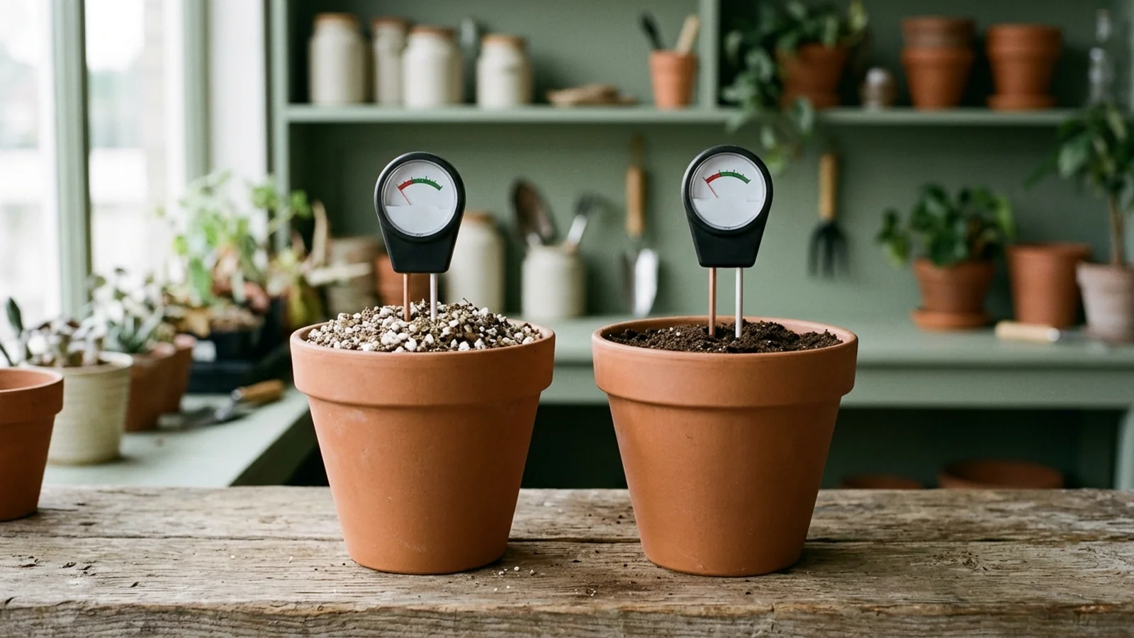 Two identical pots side by side, one with loose aerated mix and one with dark compacted mix, each holding an unbranded two-prong moisture probe inserted to a different depth