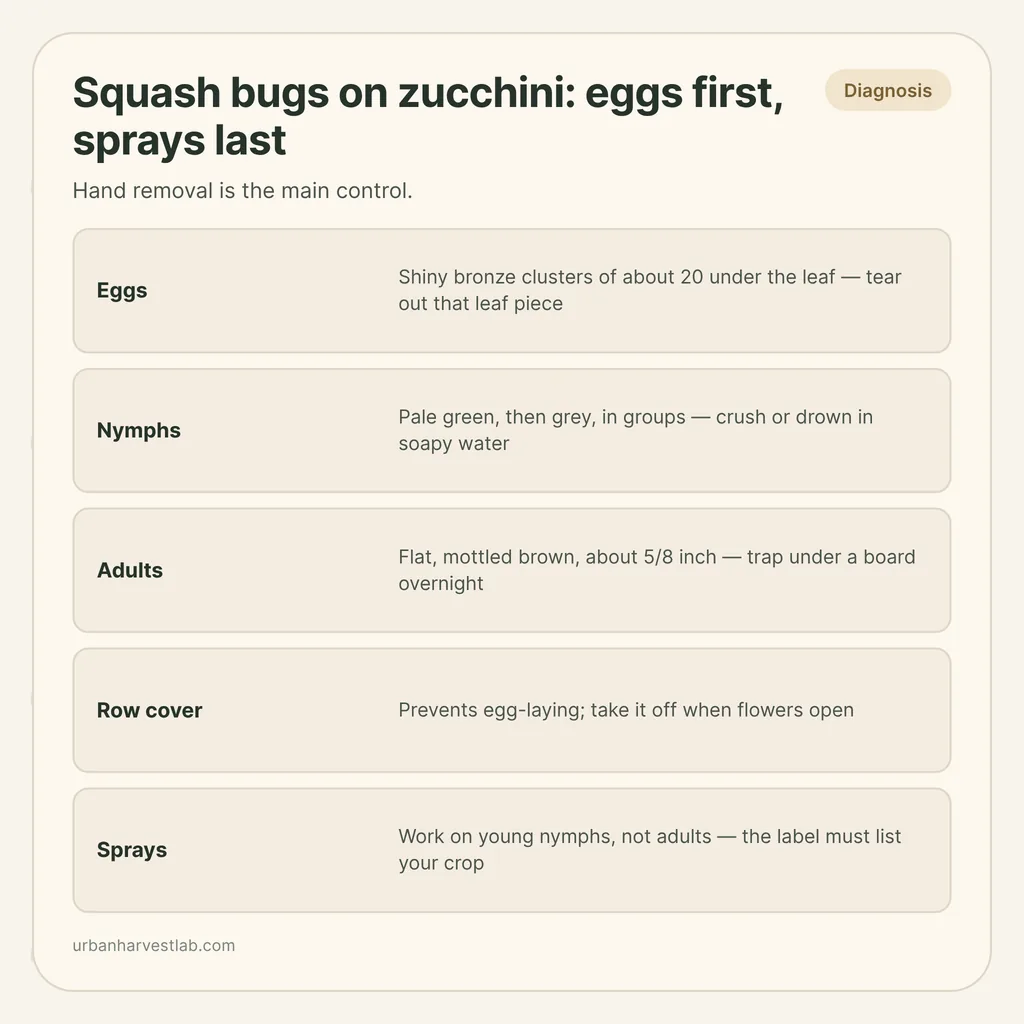 Infographic card: "Squash bugs on zucchini: eggs first, sprays last" with rows for eggs, nymphs, adults, row cover and sprays