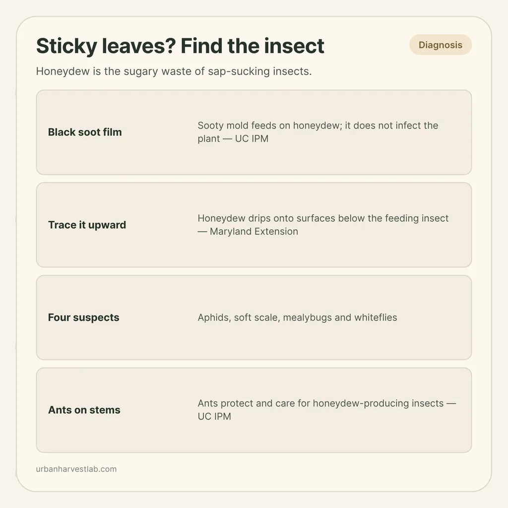 Infographic card: "Sticky leaves? Find the insect" with rows for sooty mold, tracing honeydew, four suspects and ants
