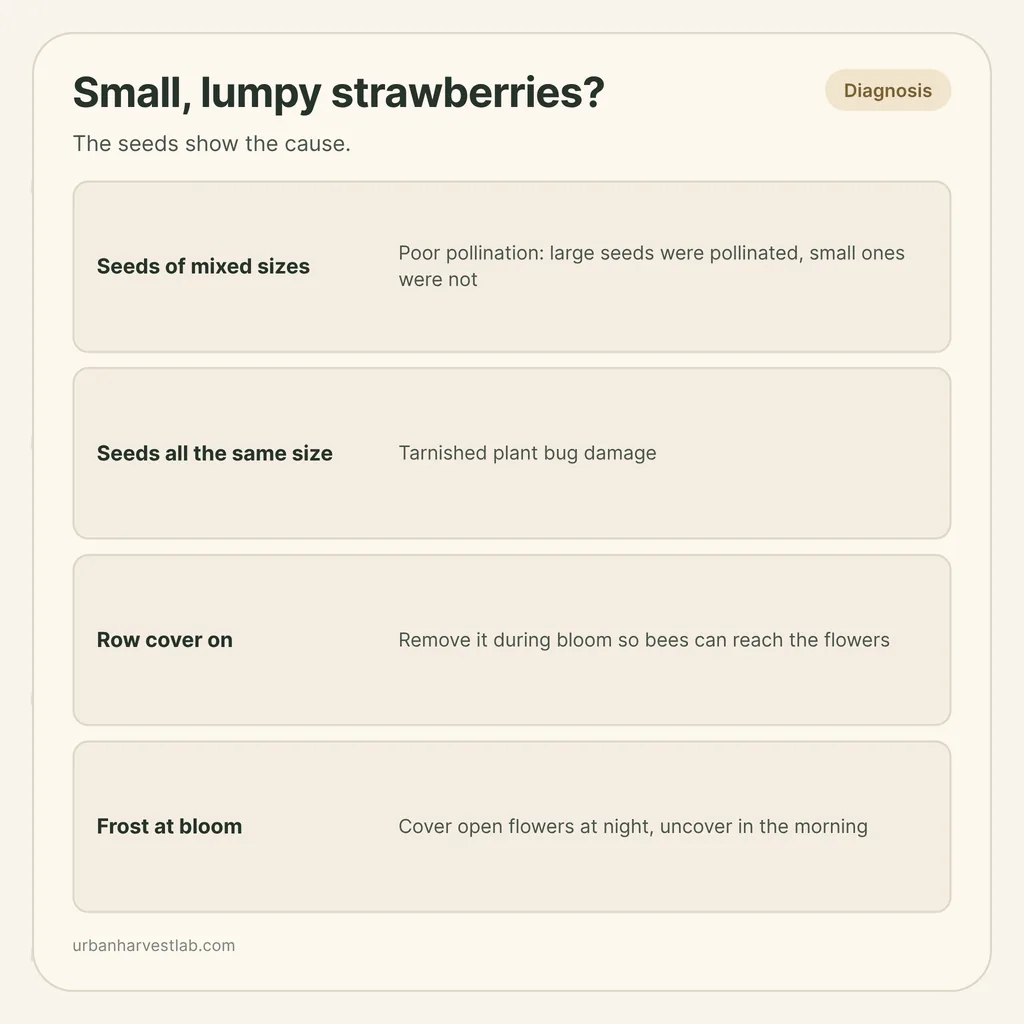 Infographic card: "Small, lumpy strawberries?" with rows for seed size, tarnished plant bug, row cover and frost at bloom