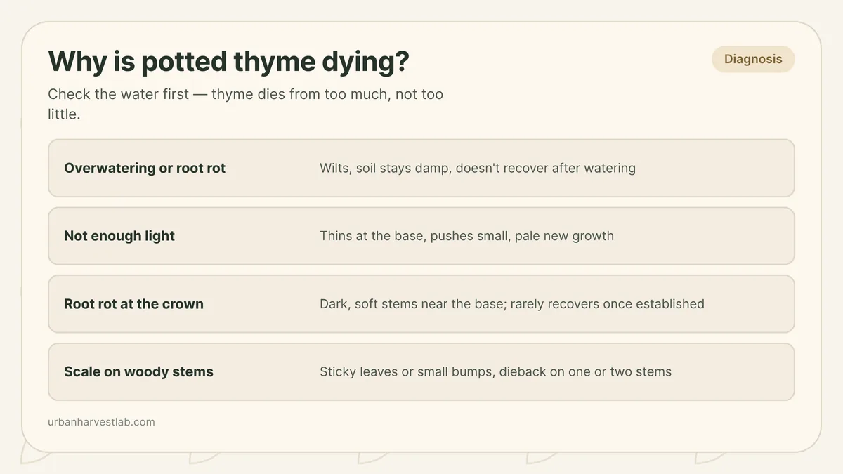 Diagram comparing a healthy potted thyme plant in fast-draining soil with a wilting thyme plant sitting in waterlogged, dark soil