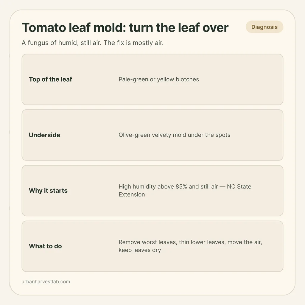 Infographic card: "Tomato leaf mold" showing a yellow blotch on the top of a leaf and olive-green fuzz on the underside, with airflow steps