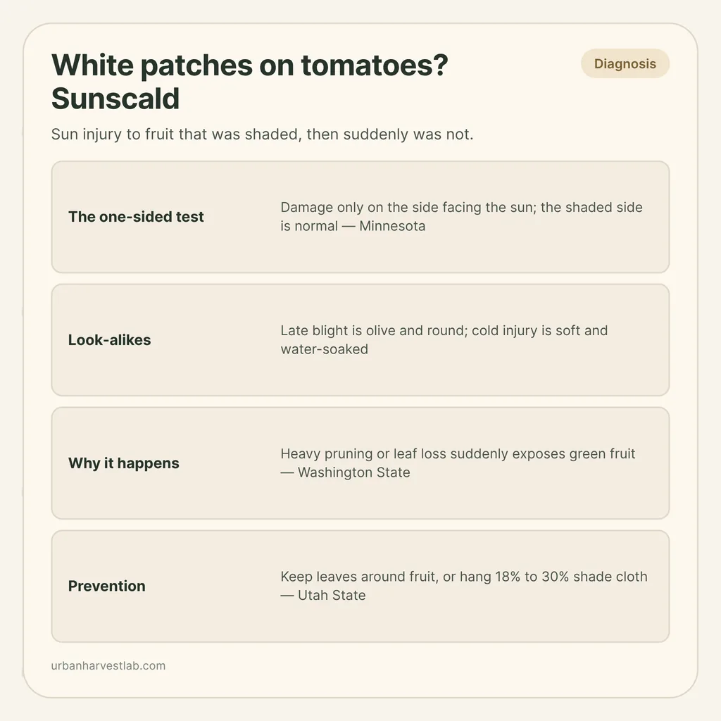 Infographic card: "White patches on tomatoes? Sunscald" with rows for the one-sided test, look-alikes, why it happens and prevention