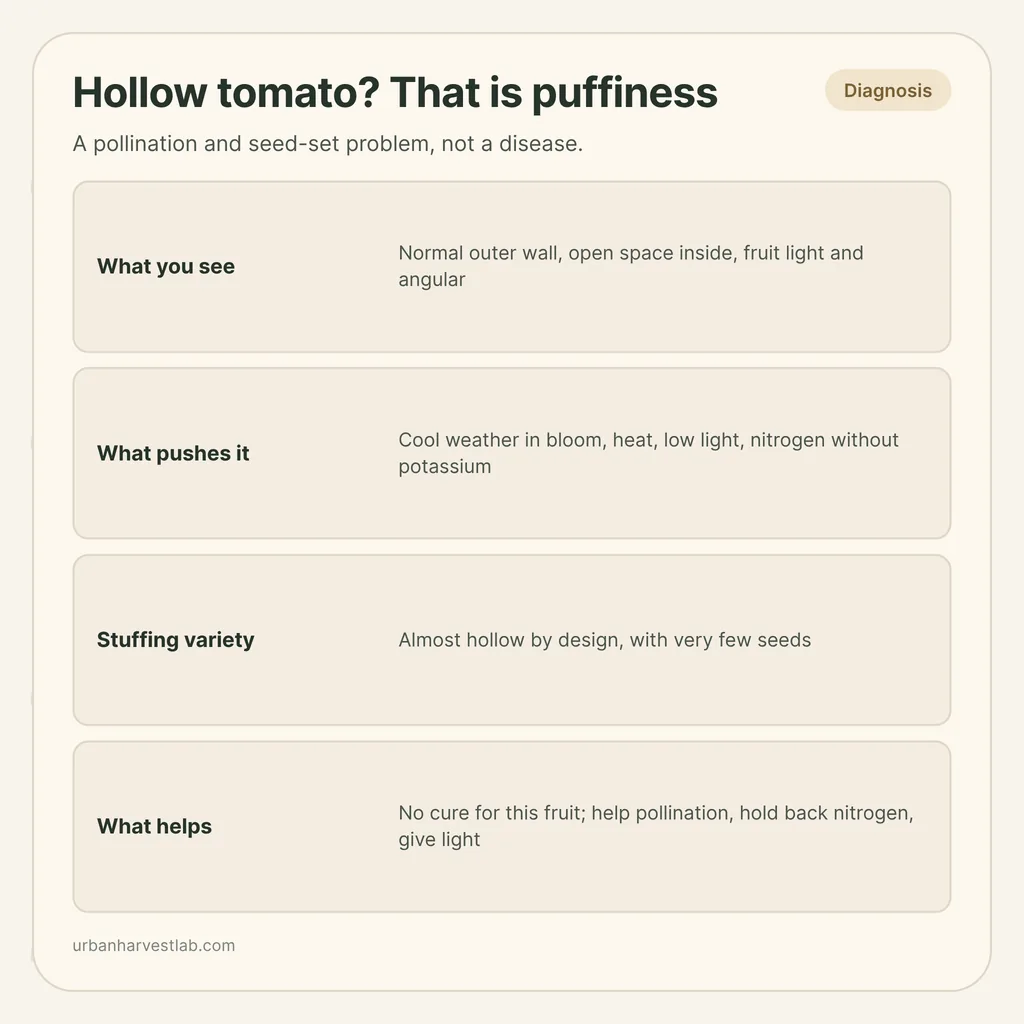 Infographic card: "Hollow tomato? That is puffiness" with rows for what you see, what pushes it, stuffing varieties and what helps