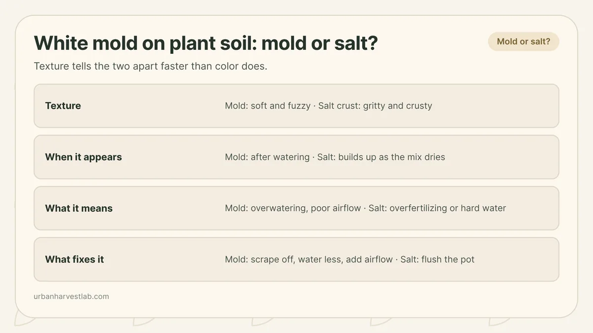 Close-up of fuzzy white mold growing on the surface of potting soil around a potted herb