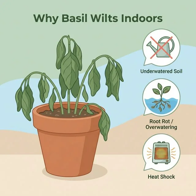 Clean UI illustration diagnosing a severely wilted basil plant with icons for underwatered soil, root rot, and heat shock