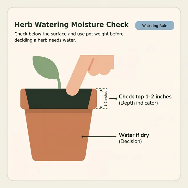 Illustration showing how to check root-zone moisture with finger depth and pot weight cues