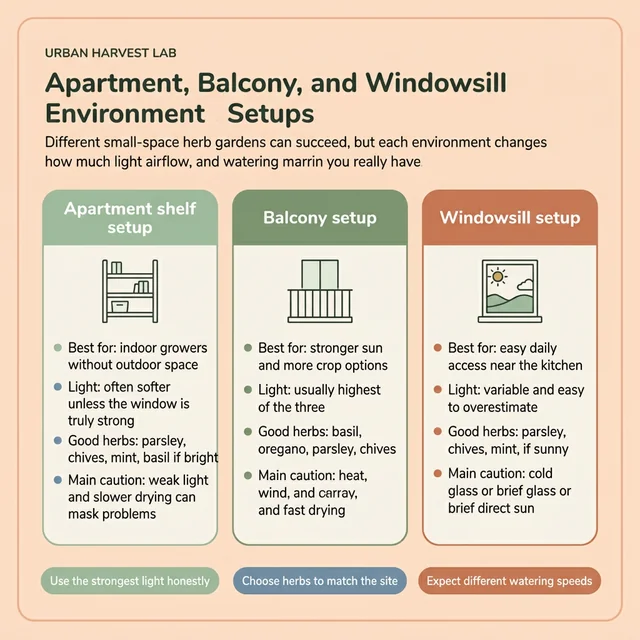 Educational comparison of apartment, balcony, and windowsill herb setups by light strength and space type