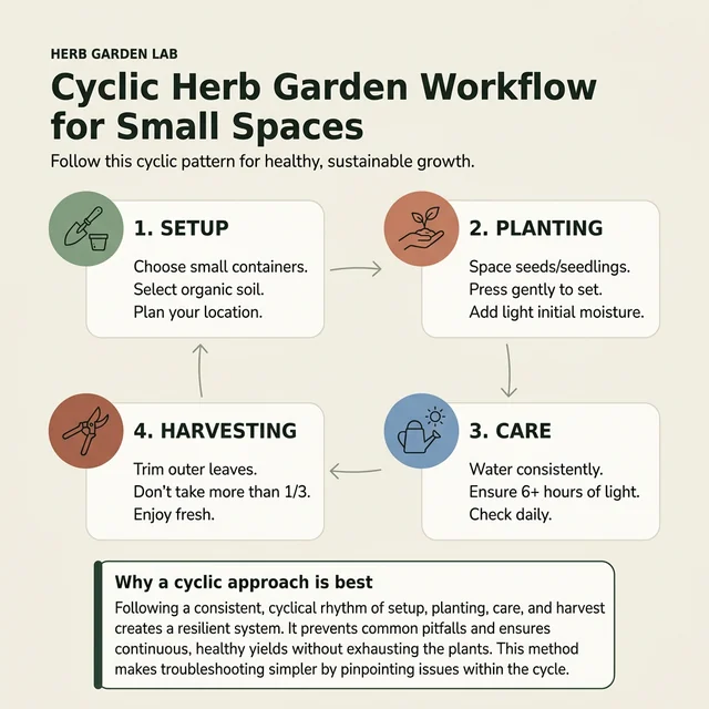 Workflow diagram showing the recommended beginner sequence: system, herbs, light, containers, and care