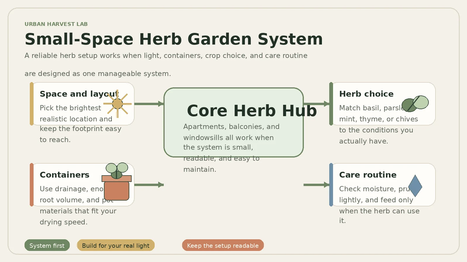 Educational diagram showing the core parts of a small-space herb gardening system for apartments and balconies