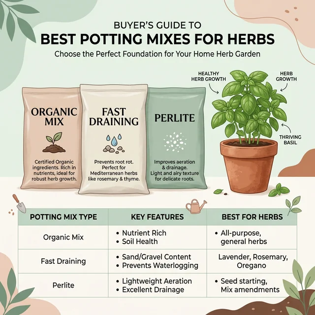 Clean UI illustration showing stylized bags of premium potting mix and perlite next to a healthy potted herb