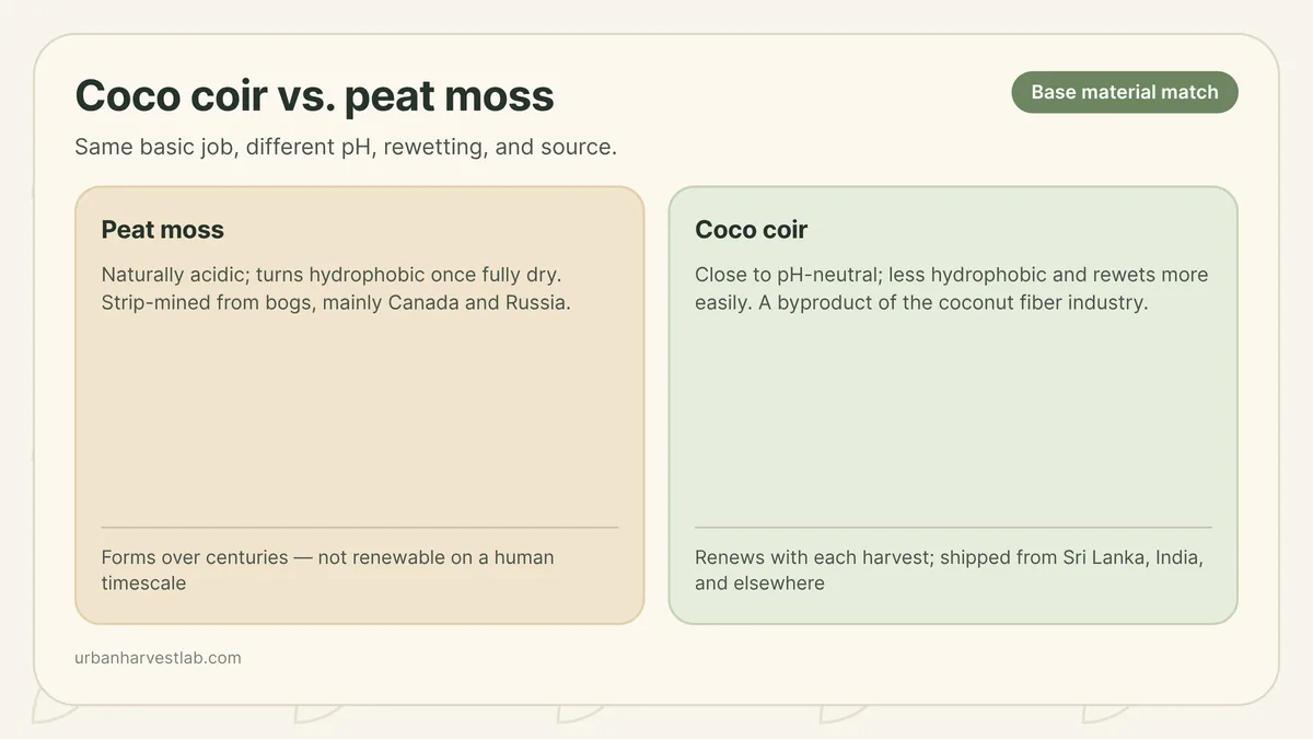 Side-by-side scene comparing a block of coco coir fiber and a mound of peat moss