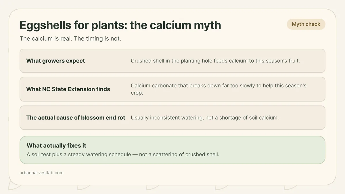 Myth-check card on eggshells and calcium: what growers expect versus what NC State Extension finds, and what actually fixes blossom end rot