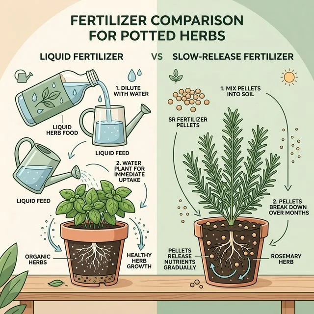Clean UI illustration comparing modern liquid fertilizer pouring into a watering can versus slow-release pellets mixed into terracotta potting soil
