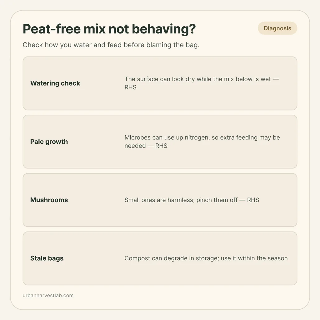 Infographic card: "Peat-free mix not behaving?" with rows for watering check, pale growth, mushrooms and stale bags