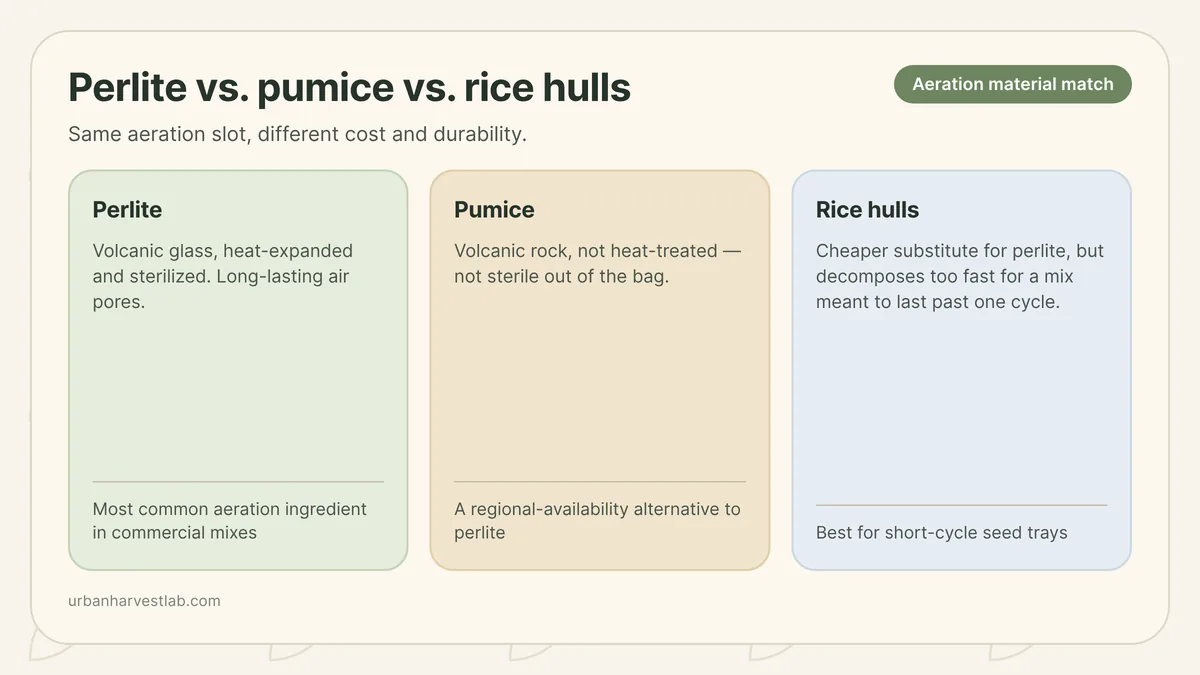 Three small dishes side by side holding perlite granules, rough grey pumice, and pale rice hulls, next to a potting mix scoop