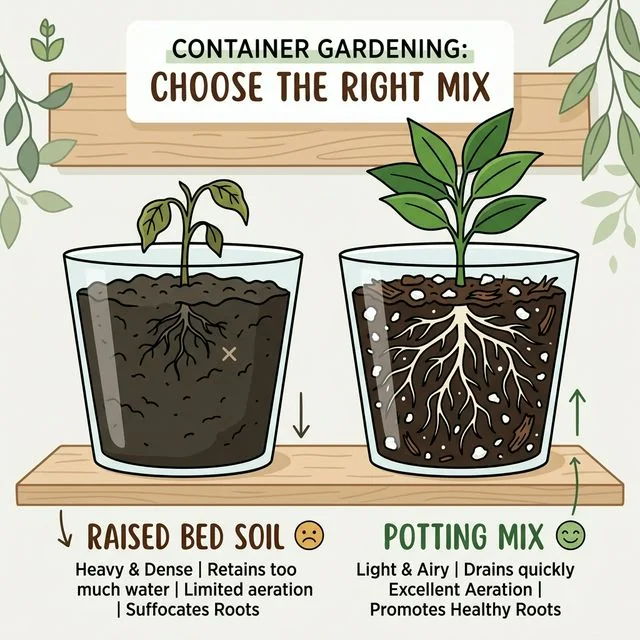 Diagram comparing airy potting mix with dense raised bed soil inside containers