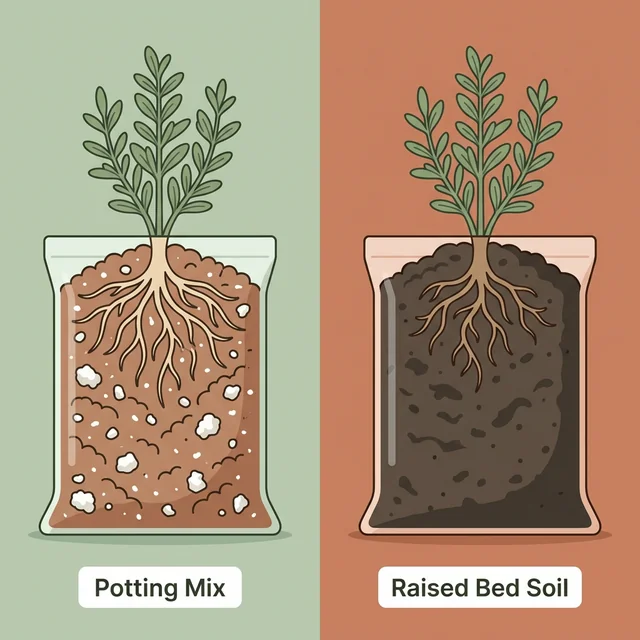 Clean UI illustration comparing light, fluffy potting mix against dense, heavy raised bed soil