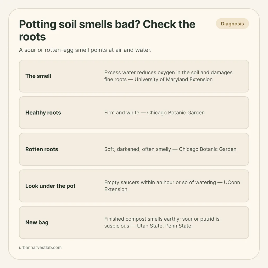 Infographic card: "Potting soil smells bad? Check the roots" with rows for the smell, healthy and rotten roots, saucer and new bag