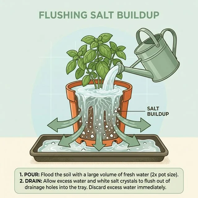 Clean UI illustration showing a massive volume of clean water being poured through an herb pot to flush white salt crystals out the bottom drainage holes